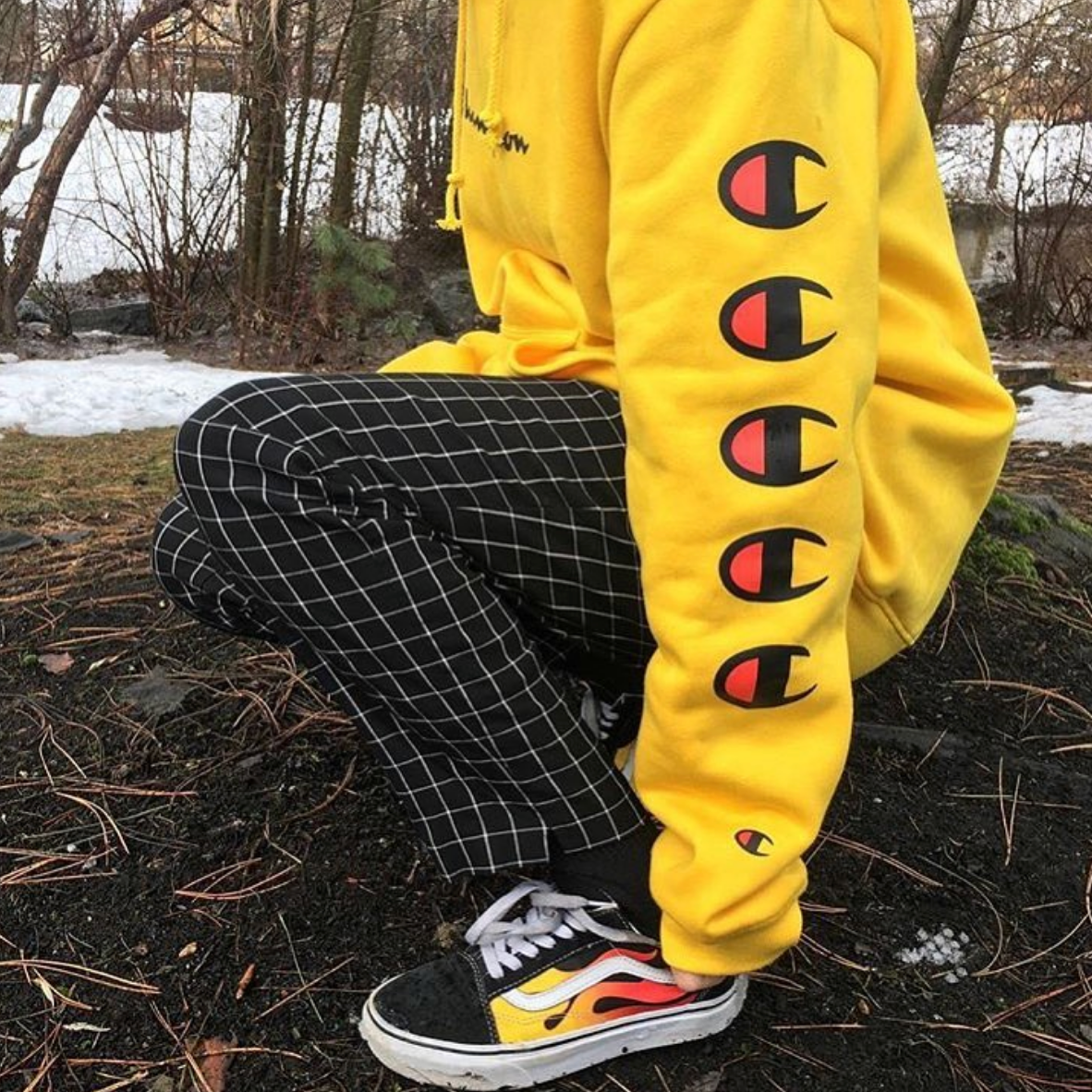 yellow champion hoodie with champion on sleeve