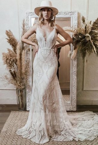 Bohemian V Neck Lace Gown