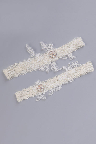 2 pieces Garter Lace Floral Pearl Rhinestone