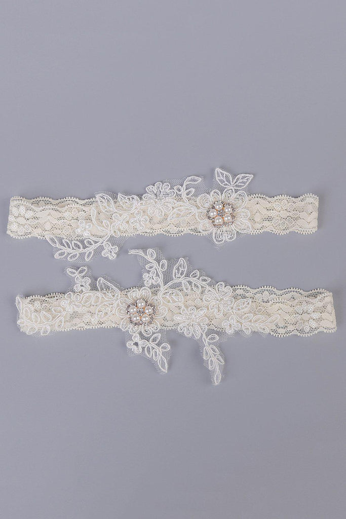 2 pieces Garter Lace Floral Pearl Rhinestone
