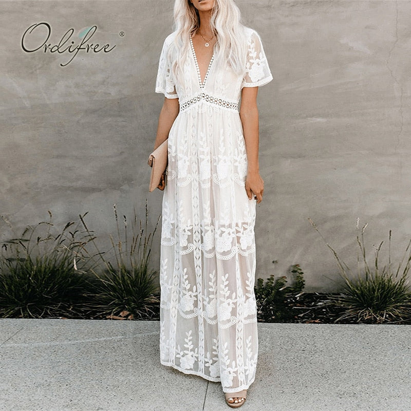 white summer maxi dress with sleeves