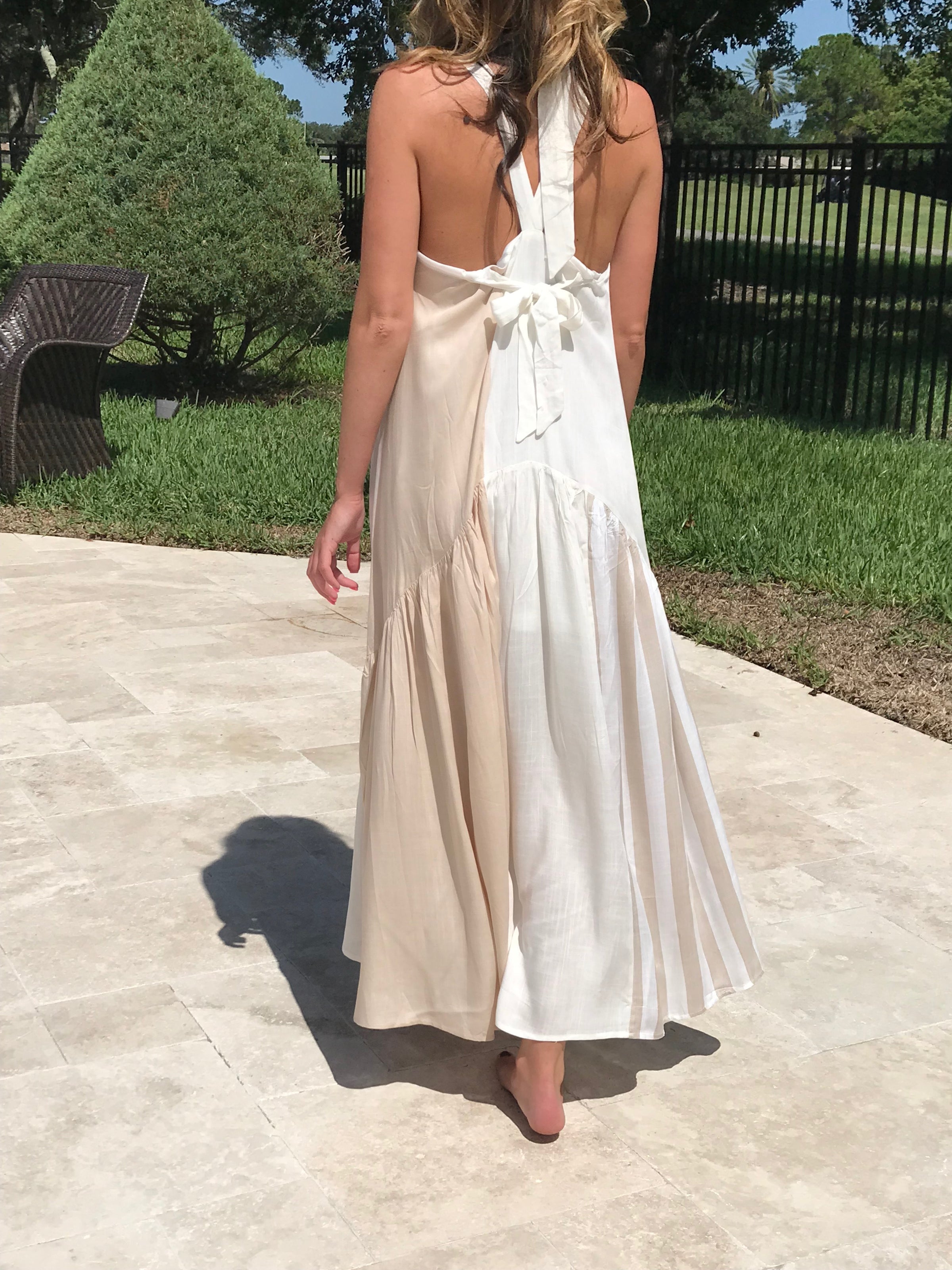 tan and white dress