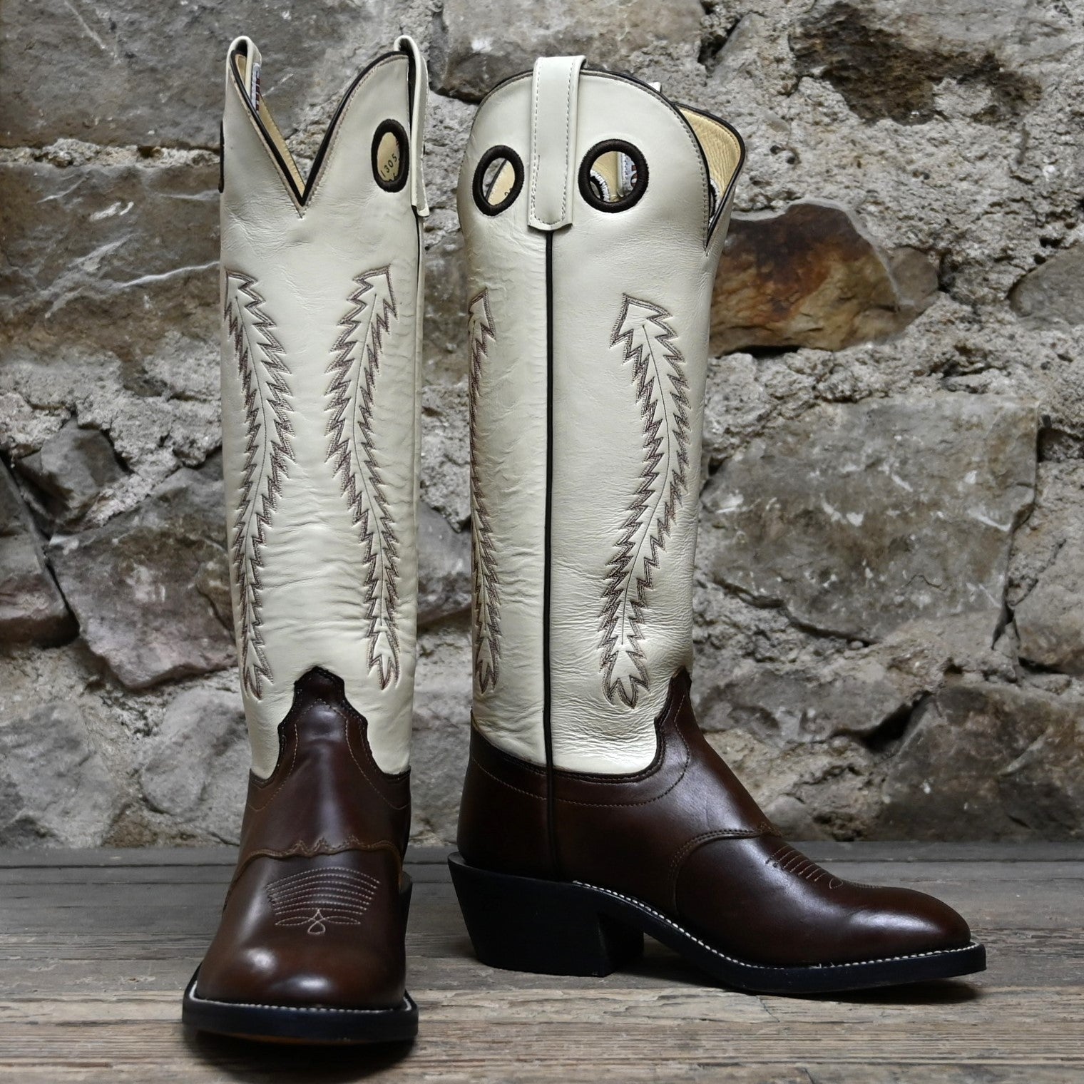 Olathe Men's 17" Tall Top Leather Boot In Chocolate W/Overlay and Bone Top