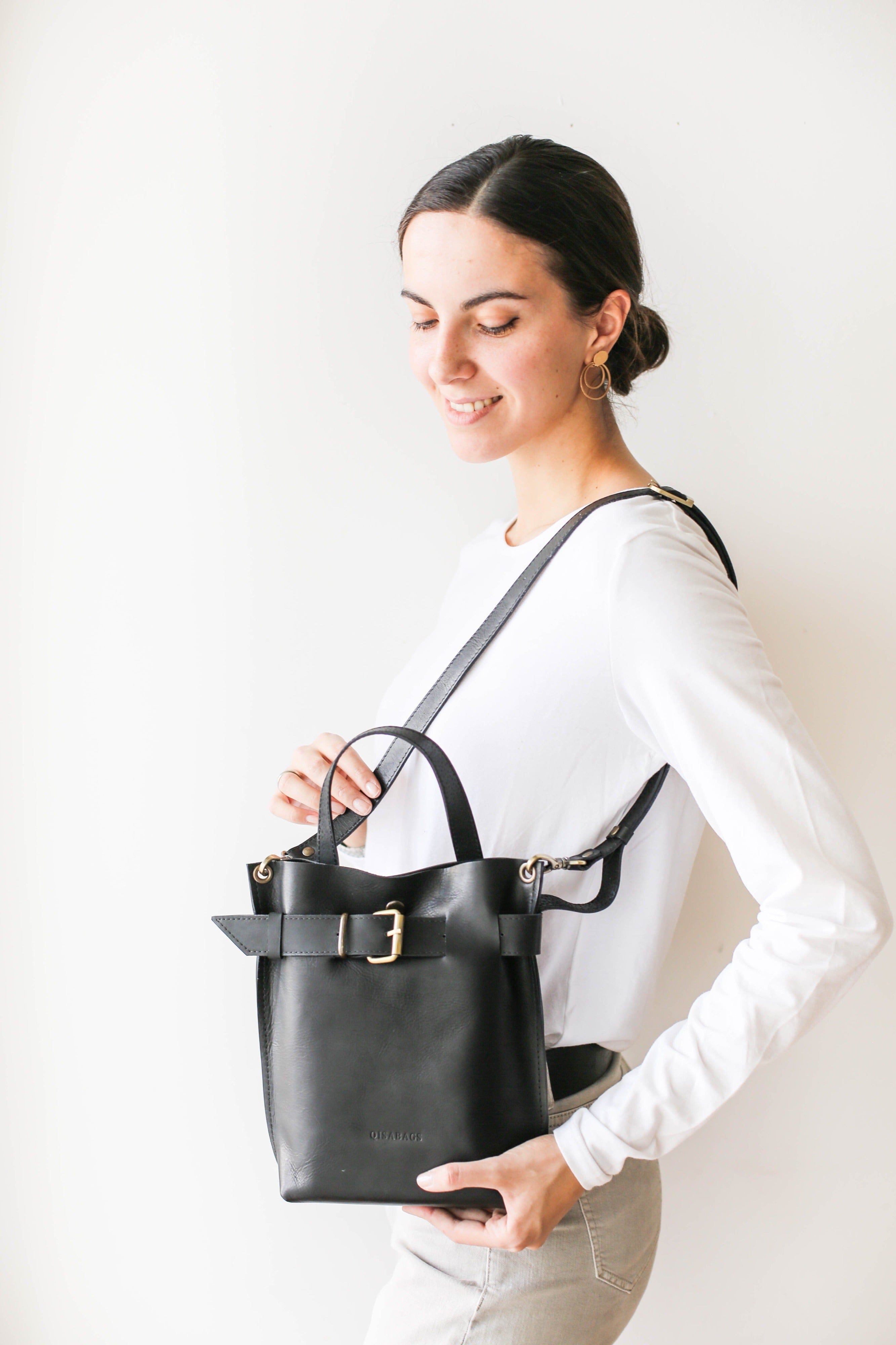 Black Leather Mini Backpack | Black Leather Bag - Qisabags