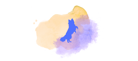 blue dog silhouette in front of a yellow and purple color splotch, happier