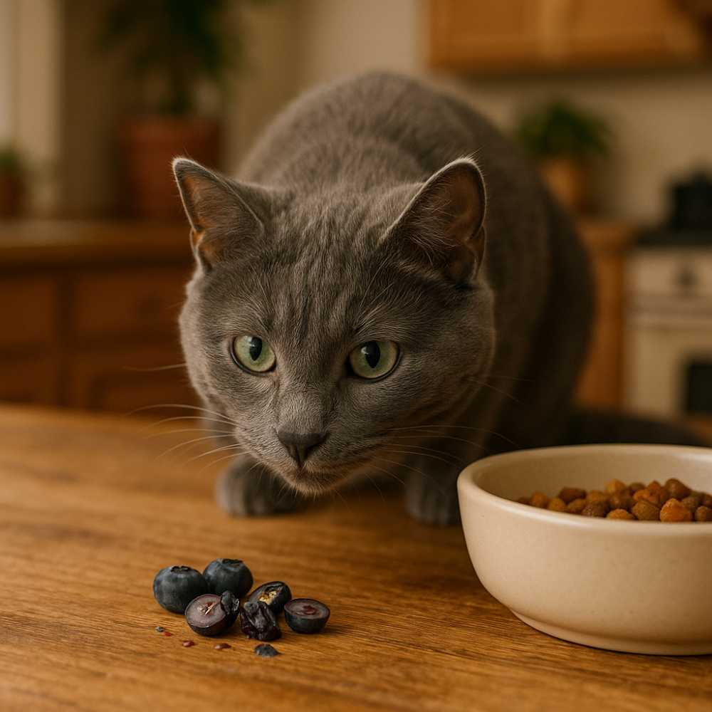 This image shows a cat looking at a small group of mashed up blueberries near its food bowl.