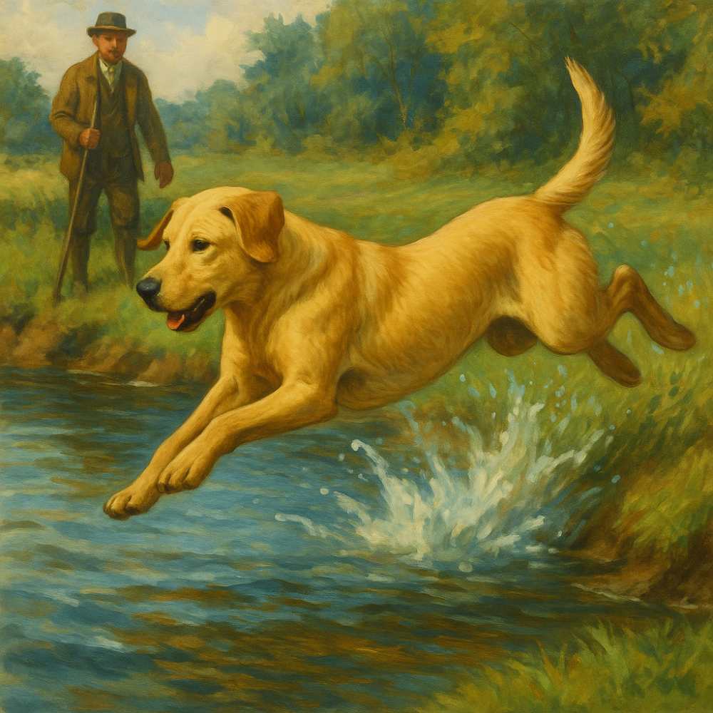 This image shows an early 1900s labrador retriever catching fowl for its owner in the water.