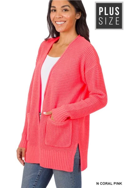 31 OR 57 {Leading NEON CORAL Waffle Knit Cardigan PLUS SIZE – Southern Vogue