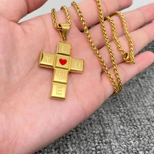 I Love You Heart Stainless Steel Cross Necklace-Gold - Hooked on Pickin'