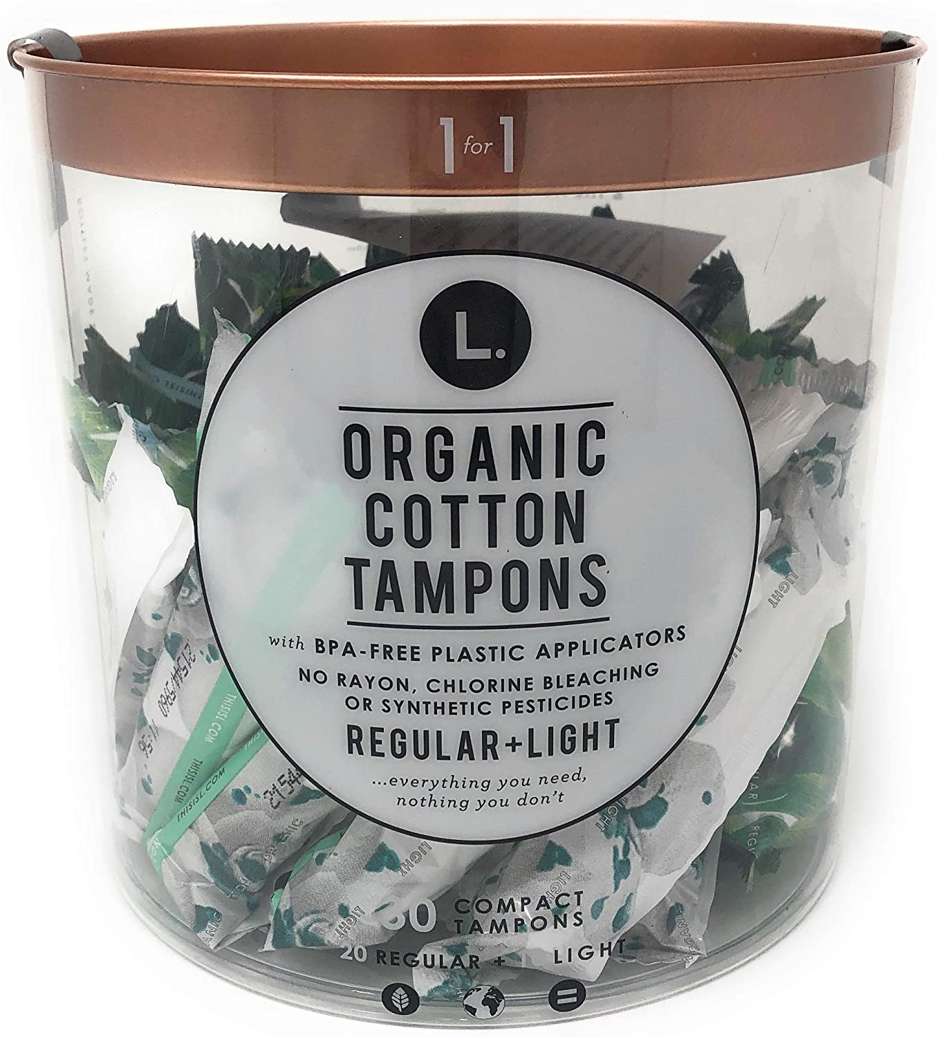L. Organic Cotton Tampons, 20 Regular 10 Light (30 Compact Tampons Total) with BPA-Free Plastic Applicators