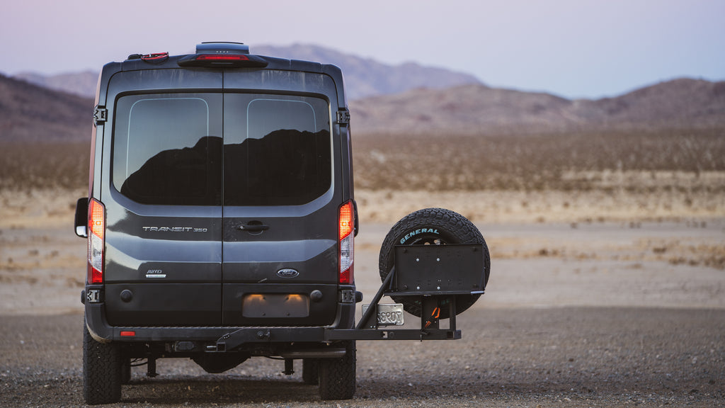 UltraSwing spare tire carrier on Ford Transit van
