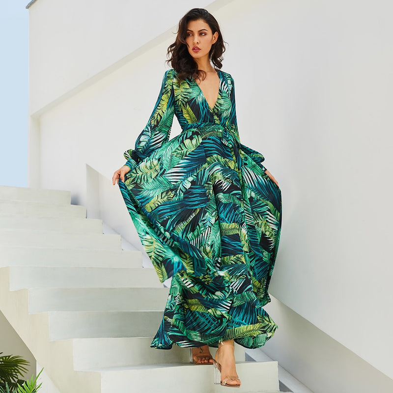 tropical maxi dress with sleeves