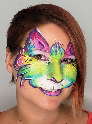 Anna Wilinski Green and Pink Cat Face Paint Design