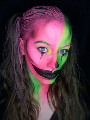 Ayesha from  freedom face painting Neon Pink and Green Clown makeup