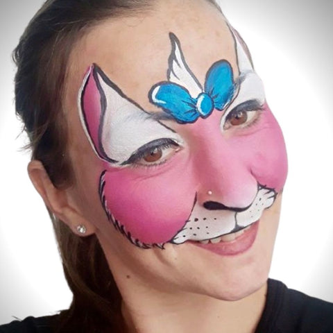 Eva Balogh Pink Kitty face painting with Blue Bow