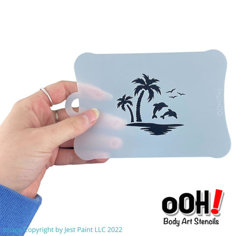 Ooh! Face Painting Stencil | Dolphin Sunset (T46) STENCIL IN HAND AT JEST PAINT STORE