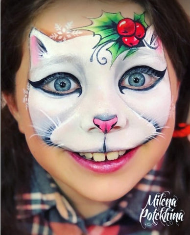 Melina Potkehina face painting white cat with holly berries