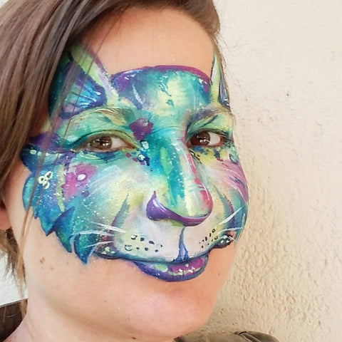 Blue Water color cosmic face painting cat by Anna Wilinski