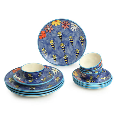 'The Bee Collective' Hand-painted Ceramic Dinner Plates, Side/Quarter Plates & Katoris (12 Pieces, Serving For 4, Microwave Safe)