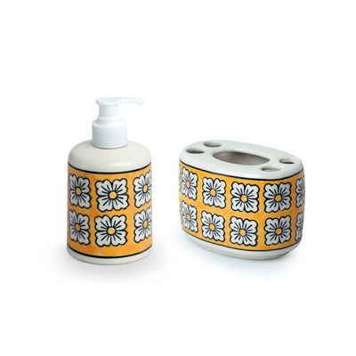 'Honey Marigold' Hand-painted Bathroom Accessory Set In Ceramic (Liquid Soap Dispenser, Toothbrush Holder)