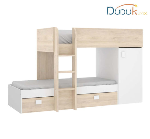 litera moderna con cajones zapateros, closet y escalera, color blanco y madera natural para niños