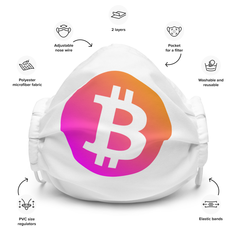 Neon Orange/Pink Bitcoin Logo Premium Face Mask: White