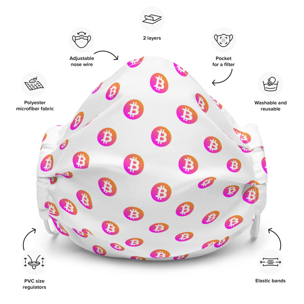 Neon Pink/Orange Bitcoin Pattern Premium Facemask: White