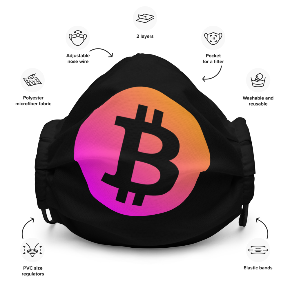 Neon Orange/Pink Bitcoin Logo Premium Face Mask: Black