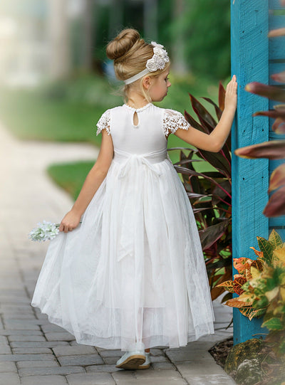 white cap sleeve flower girl dress