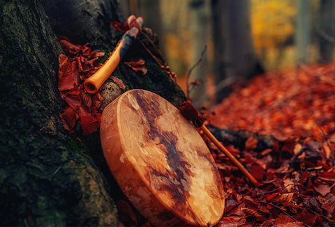 An ancient-looking drum sitting against a tree in the forest.