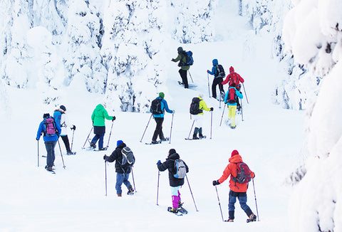 A line of snowshoeing hikers in colorful jackets hike up a snowy mountain.