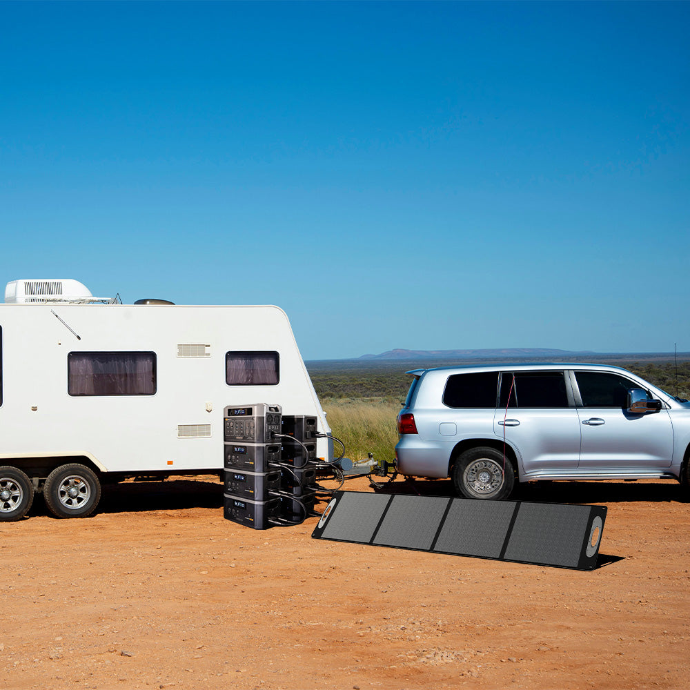 Shows the 2200 Grid Doctor System (plus seven 2200XP batteries) being used to power a pull-behind camper.