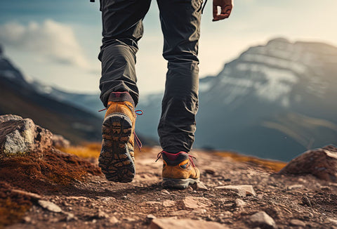 Person hiking a trail with quality hiking boots on.