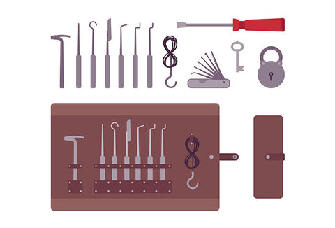 Basic lock picking kit with necessary tools laid out.