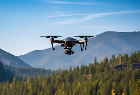 A drone flying above the trees.