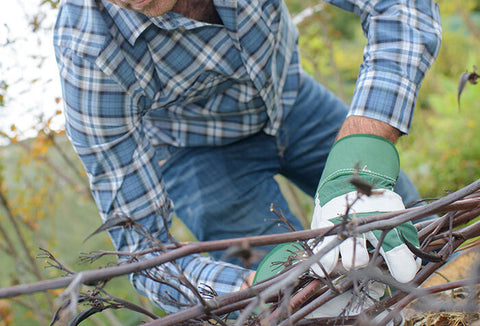 A man in a blue plaid shirt wearing working gloves gathering small branches in the woods.