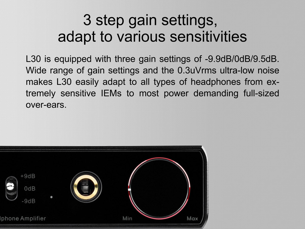 Three gain settings for TOPPING L30 headphone amplifier