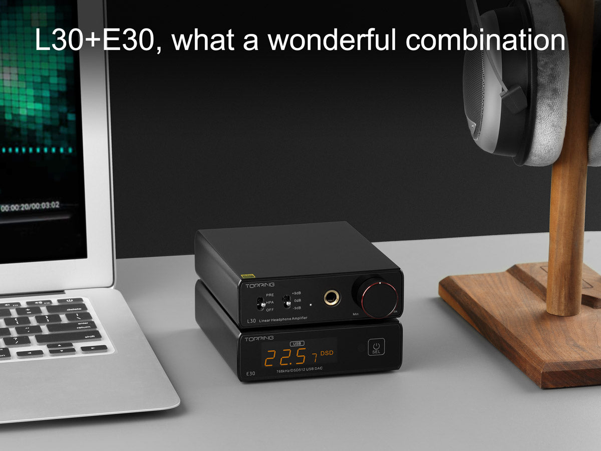 TOPPING L30 headphone amplifier on top of black E30 DAC 