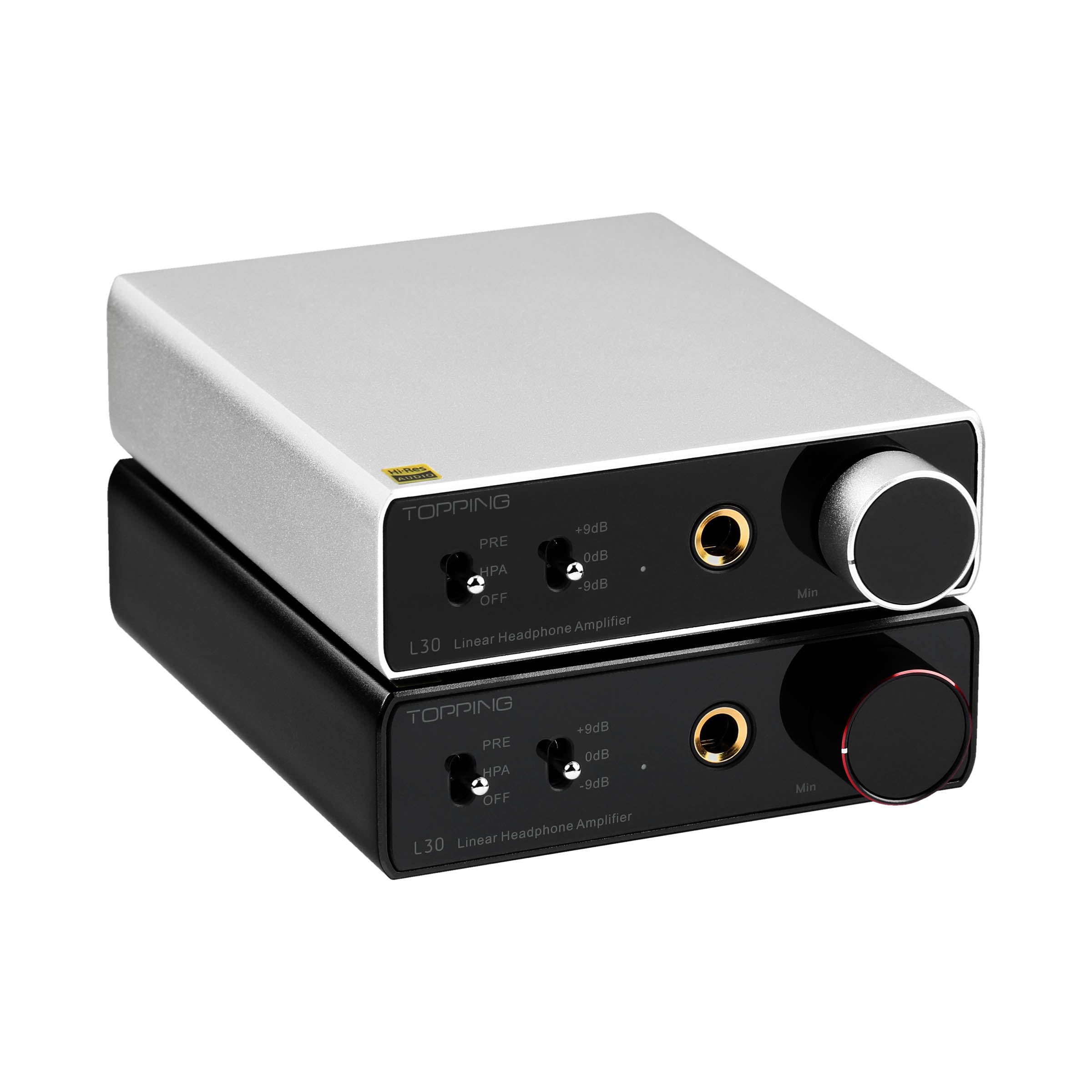 Silver TOPPING L30 headphone amplifier on top of black L30