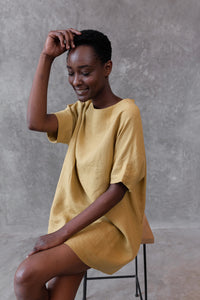 Linen Oversized Short Dress Mustard
