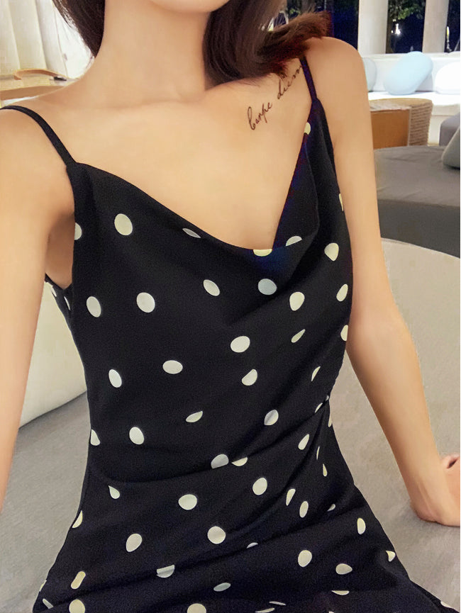 black polka dot slip dress