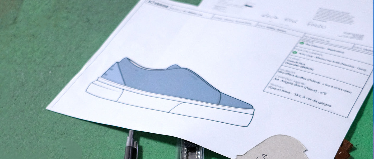 A shoe design on paper showcasing branded, bespoke, and custom shoes, including Diverge sneakers.