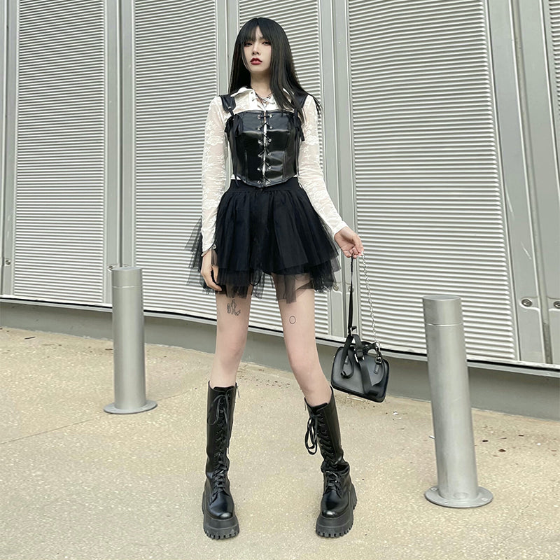 Mesh skirt and leather vest DB7632 | dollblacks
