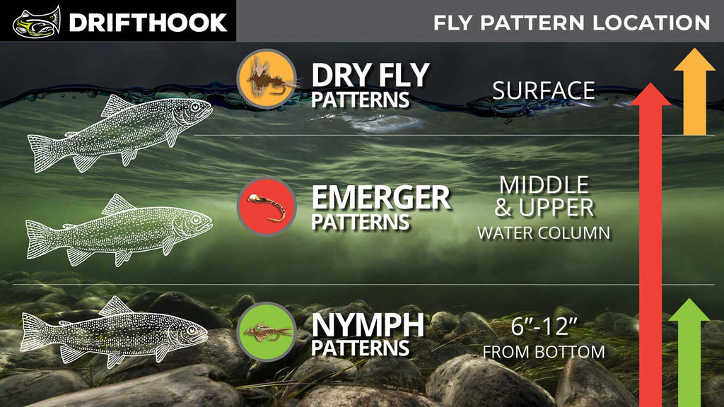 Infographic on Dry Fly, Emerger and Nymph flies in location to there area in the water