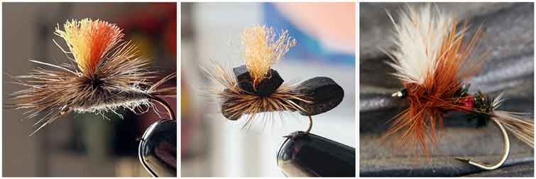 Three sets of fly fishing flies on vices