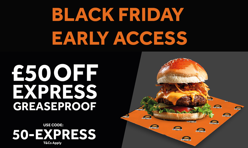 Black friday early access packgenie.co.uk burger on custom branded greaseproof paper sheets 