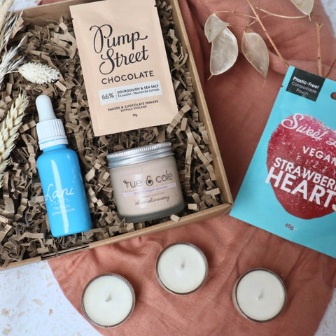 the kind valentines box gift box with eco and vegan gifts styled flatlay.