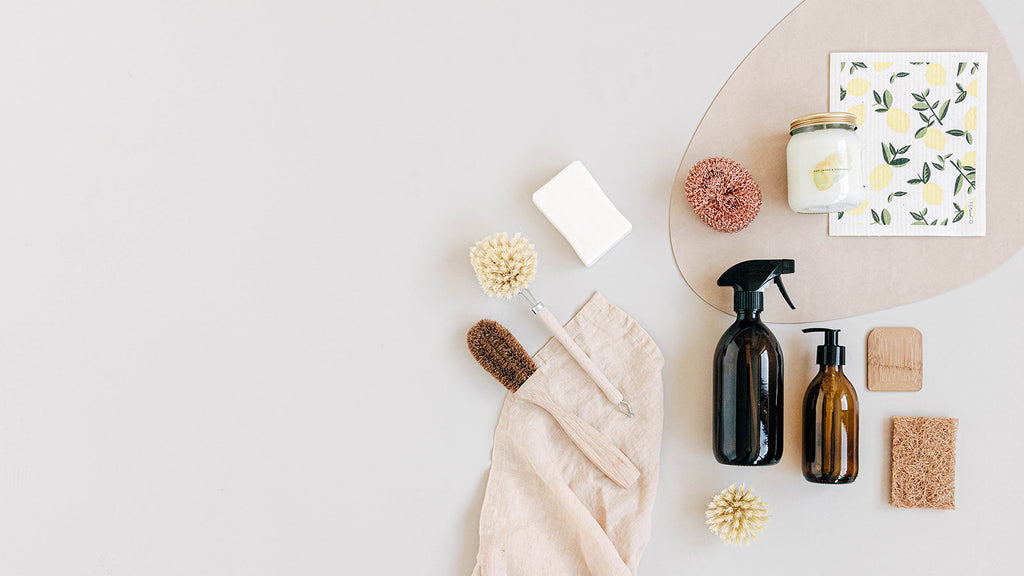 eco friendly cleaning products flatlay.