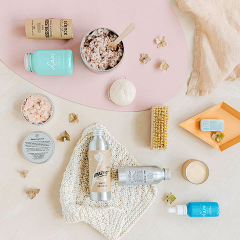 plastic free and vegan items for your bathroom flat lay collection.