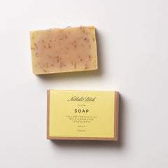 ethical and sustainable soap in yellow plastic free packaging.